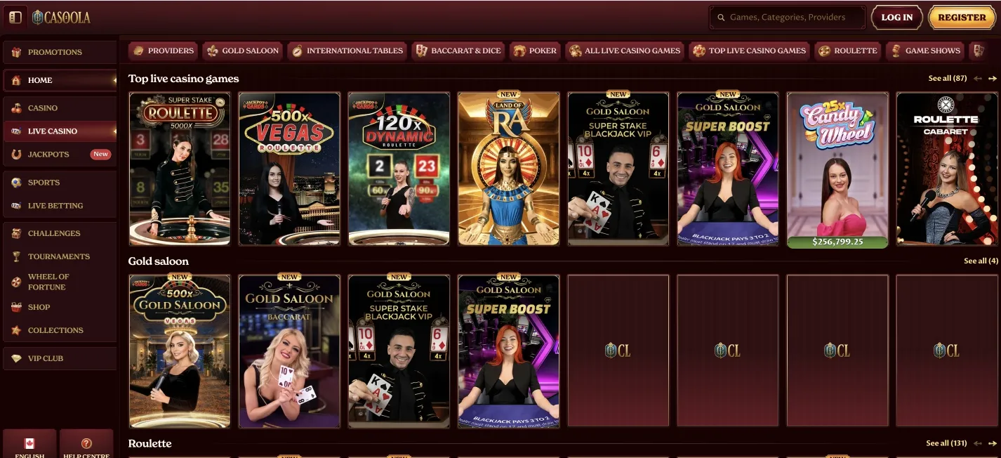 Casoola Live Casino lobby with real dealers