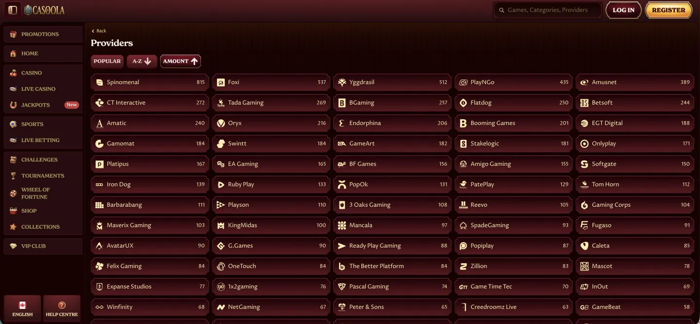 Casoola Casino software providers filter list