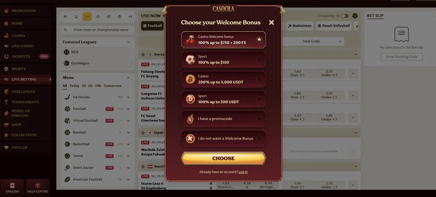 Casoola Casino step 1 registration form interface